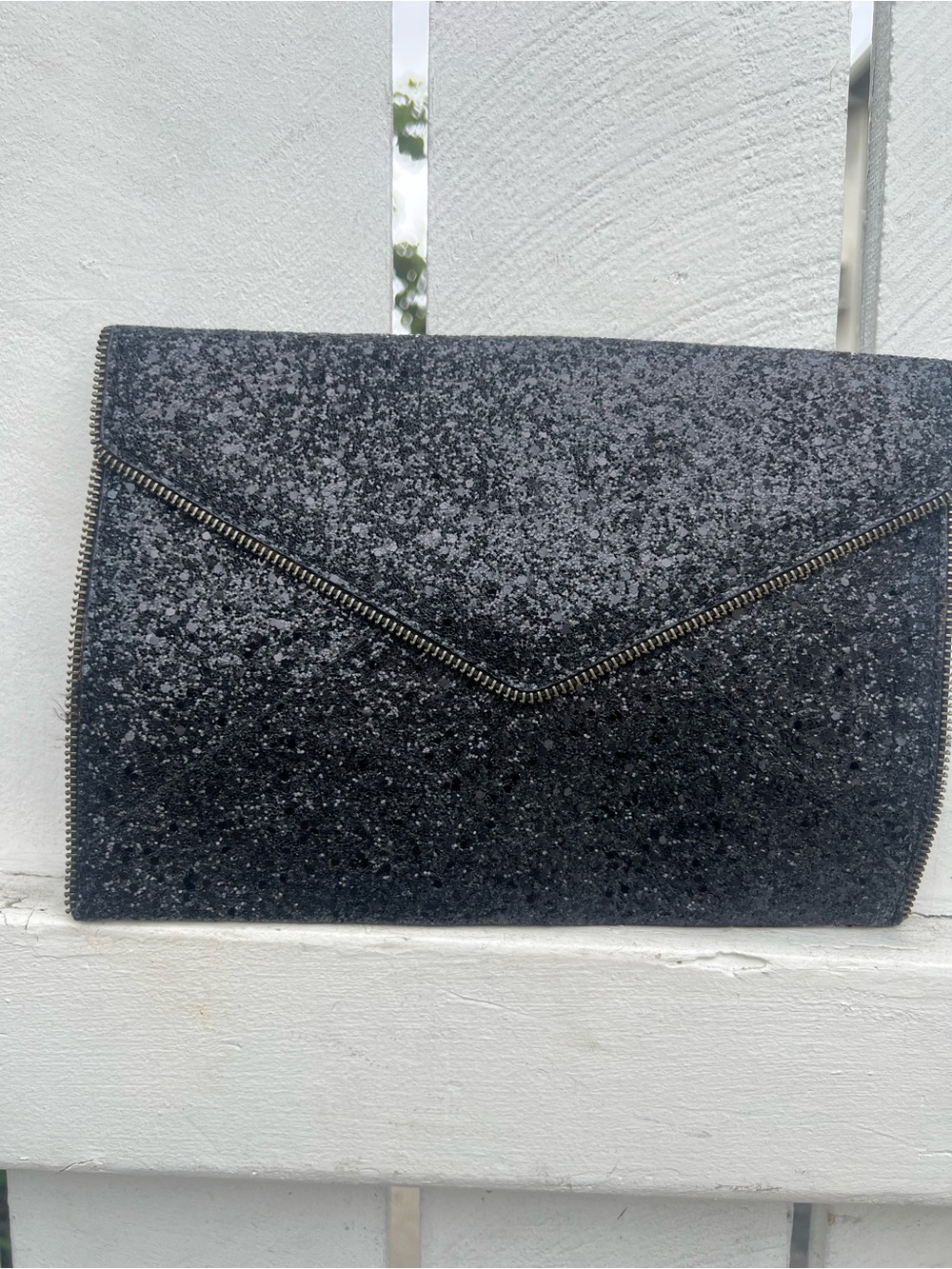 Rebecca Minkoff Black Glitter Envelope Zipper Clutch